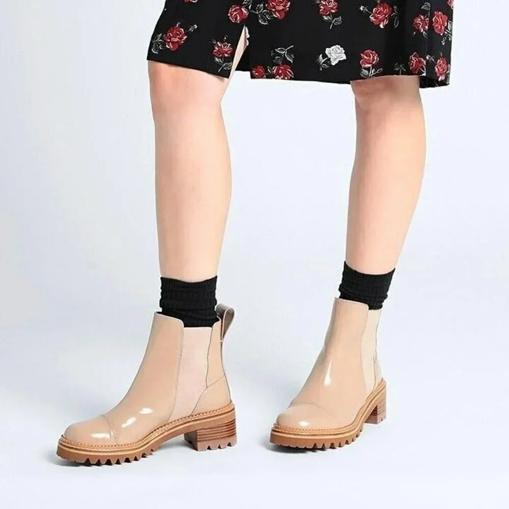 See By Chloe Women's Mallory Leather Chelsea Boots Beige Size 37 EU MSRP $475 - Picture 2 of 11